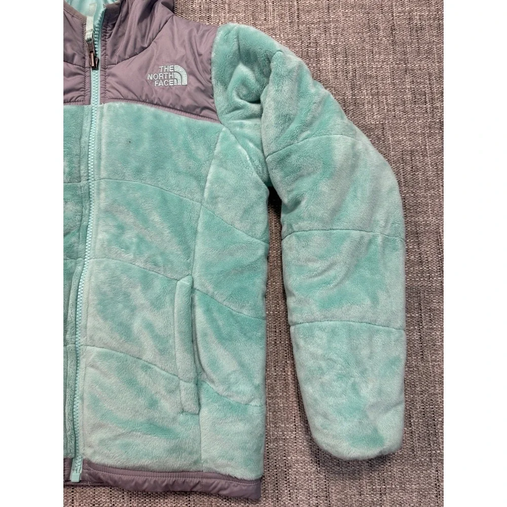 North Face Jacket Girls XL‎ Green Fuzzy Reversible Hooded Colorblock Windbreaker